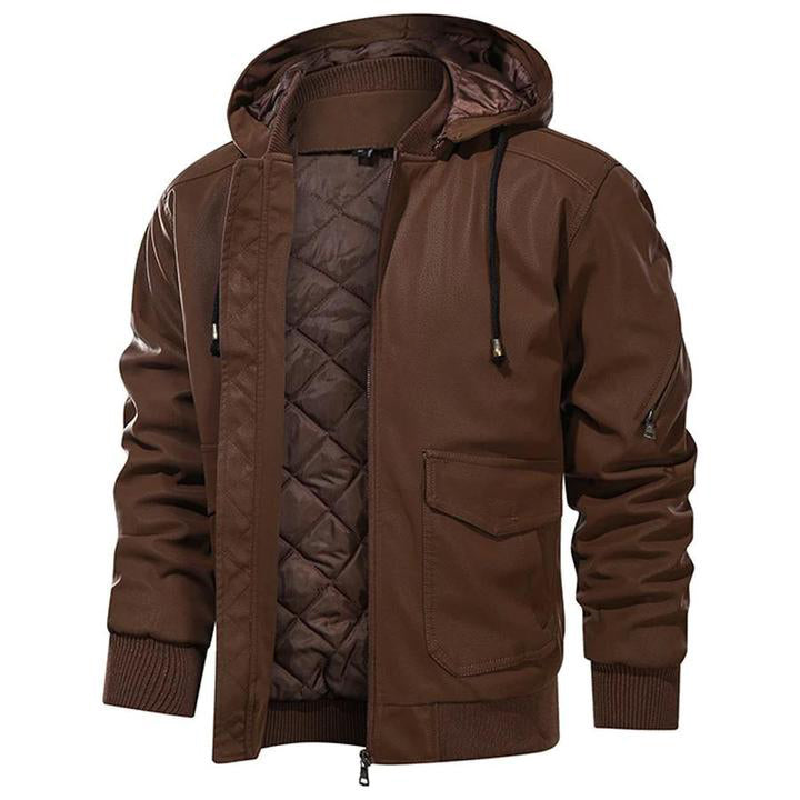 Heren leren jacket met capuchon