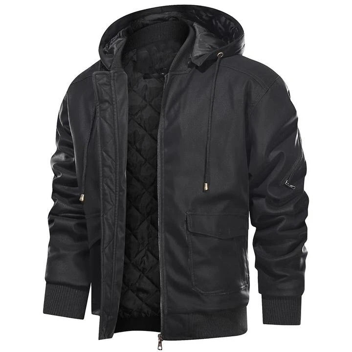 Heren leren jacket met capuchon