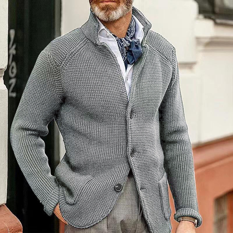 Casual Heren Blazer met Staande Kraag en Enkele Knopen – Comfortabele Gebreide Stijl met Paspockets