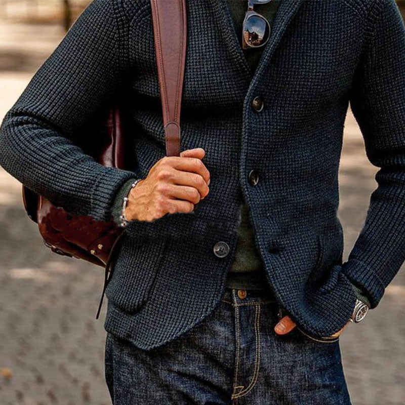 Casual Heren Blazer met Staande Kraag en Enkele Knopen – Comfortabele Gebreide Stijl met Paspockets