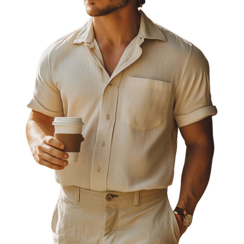 Casual Heren Overhemd van Katoenmix met Strepen en Notched Lapel, Korte Mouwen 0