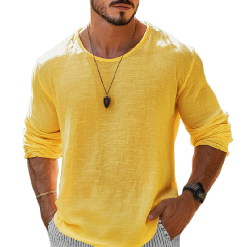 Casual Heren T-Shirt van Katoen-Linnenmix met Ronde Hals en Lange Mouwen – Losse Pasvorm voor Comfort en Stijl 0