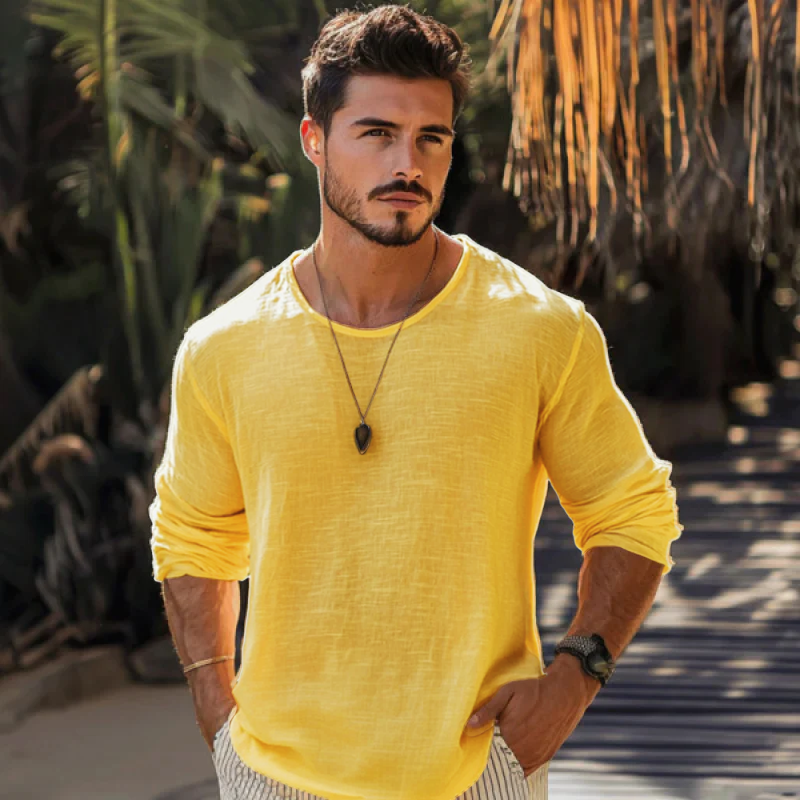 Casual Heren T-Shirt van Katoen-Linnenmix met Ronde Hals en Lange Mouwen – Losse Pasvorm voor Comfort en Stijl 2