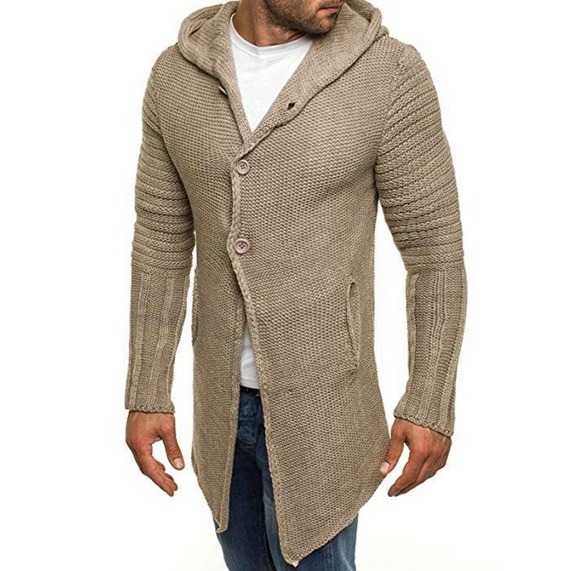 Casual Hooded Cardigan Heren met Lange Mouwen en Enkele Knoop – Mid-Lengte Gebreid in Diverse Maten