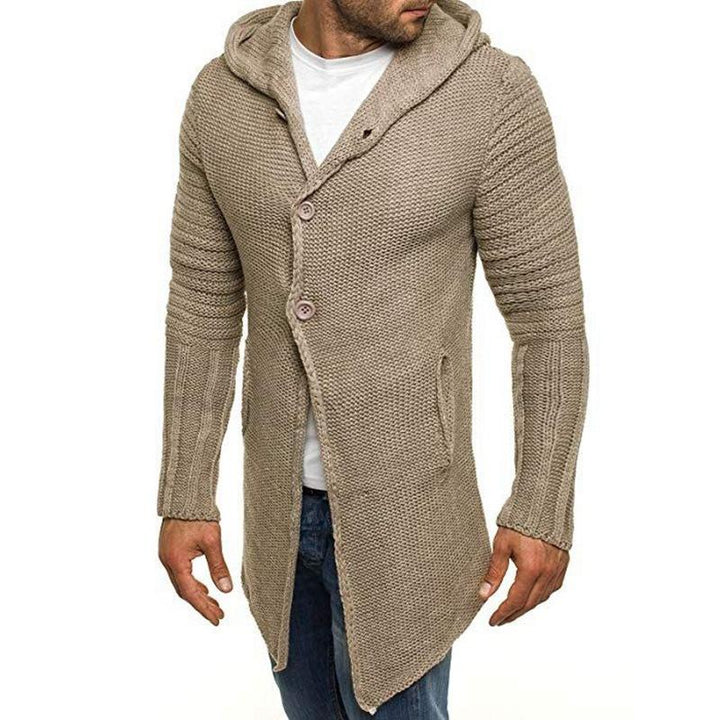 Casual Hooded Cardigan Heren met Lange Mouwen en Enkele Knoop – Mid-Lengte Gebreid in Diverse Maten