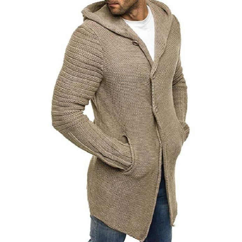 Casual Hooded Cardigan Heren met Lange Mouwen en Enkele Knoop – Mid-Lengte Gebreid in Diverse Maten