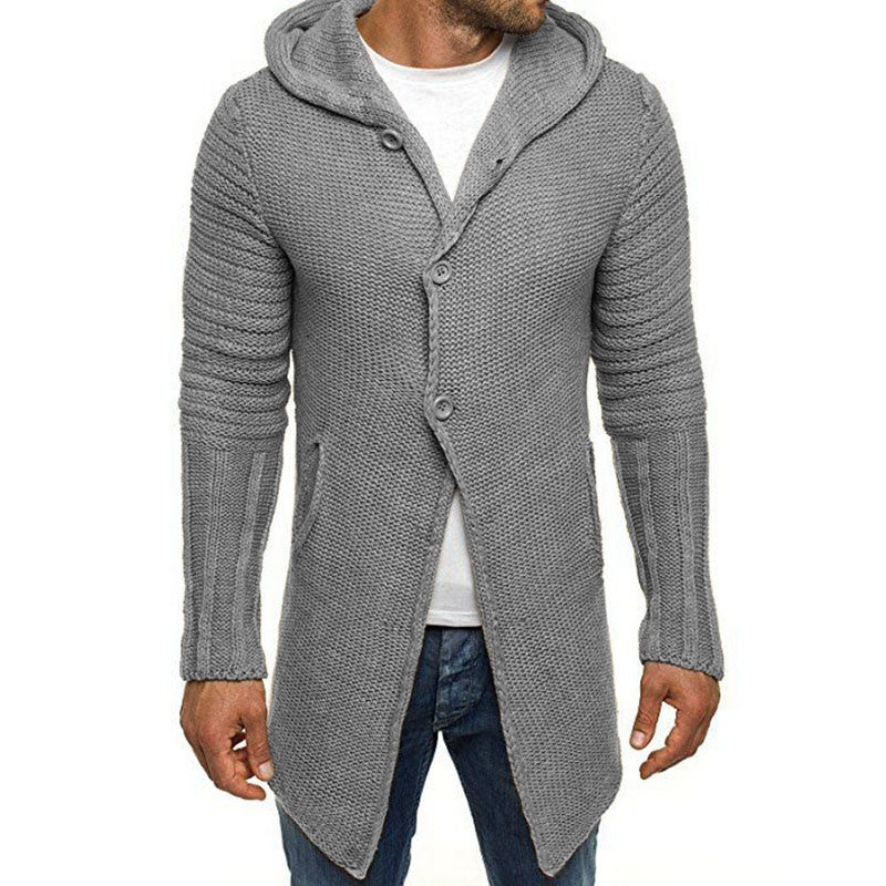 Casual Hooded Cardigan Heren met Lange Mouwen en Enkele Knoop – Mid-Lengte Gebreid in Diverse Maten