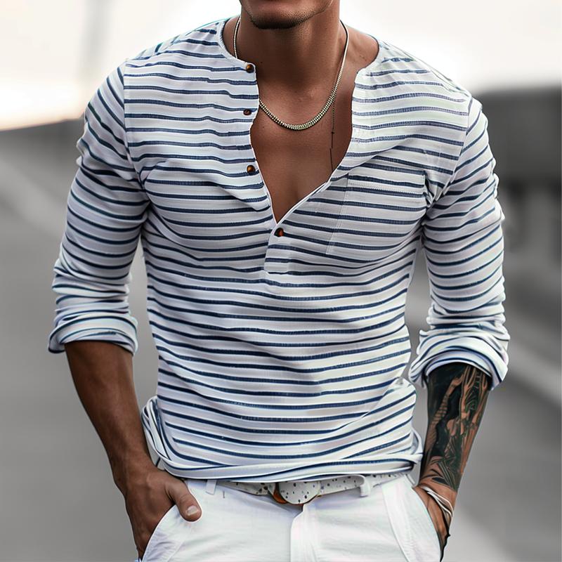 Gestreept Heren T-shirt met Lange Mouwen en Henley Kraag - Ademend Katoenmix Casual Shirt