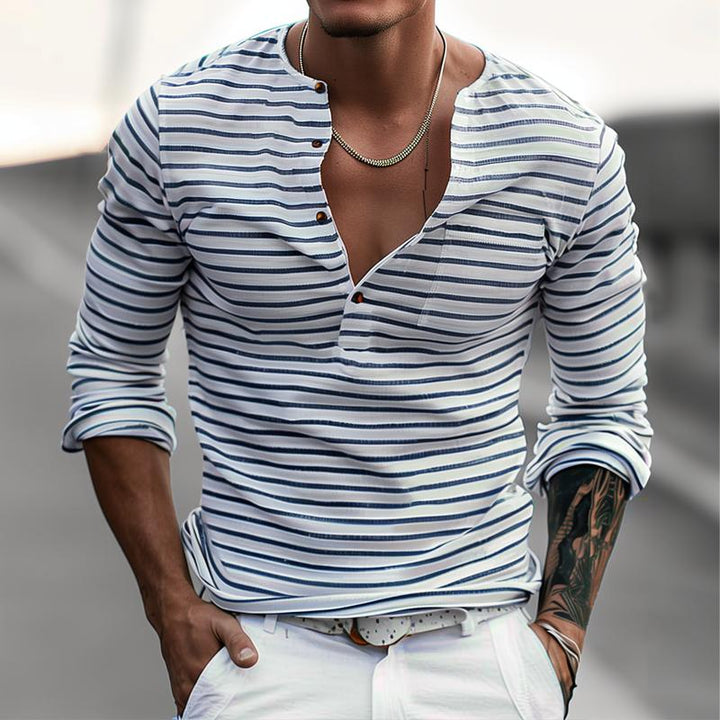Gestreept Heren T-shirt met Lange Mouwen en Henley Kraag - Ademend Katoenmix Casual Shirt