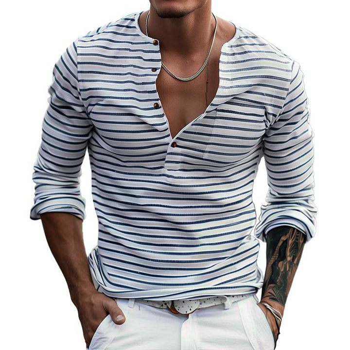 Gestreept Heren T-shirt met Lange Mouwen en Henley Kraag - Ademend Katoenmix Casual Shirt