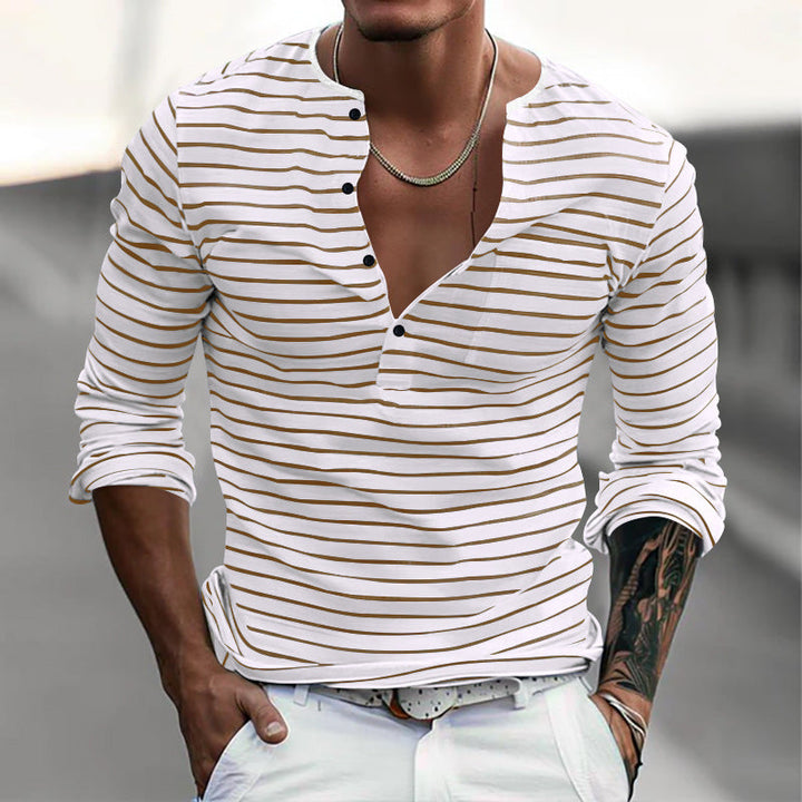 Gestreept Heren T-shirt met Lange Mouwen en Henley Kraag - Ademend Katoenmix Casual Shirt