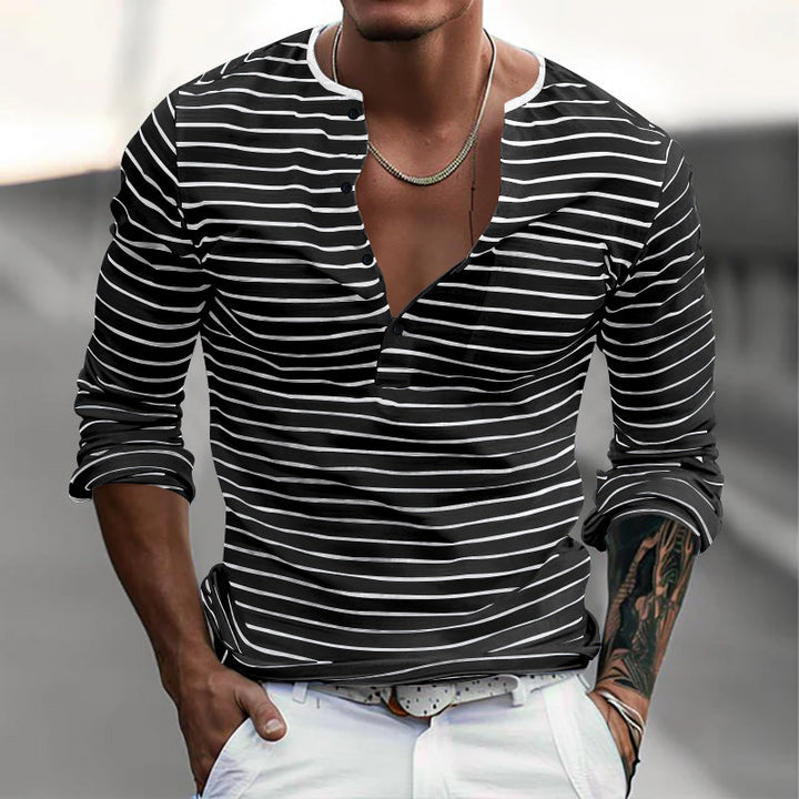 Gestreept Heren T-shirt met Lange Mouwen en Henley Kraag - Ademend Katoenmix Casual Shirt
