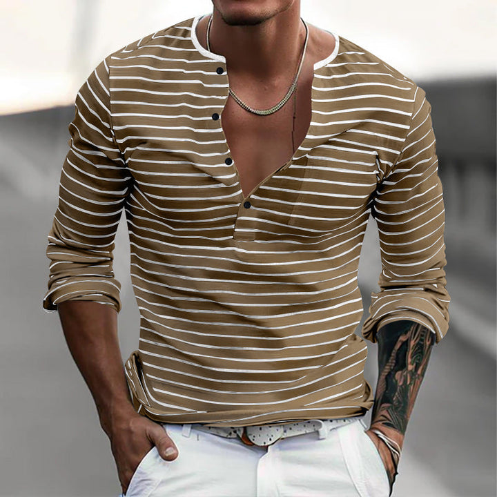 Gestreept Heren T-shirt met Lange Mouwen en Henley Kraag - Ademend Katoenmix Casual Shirt