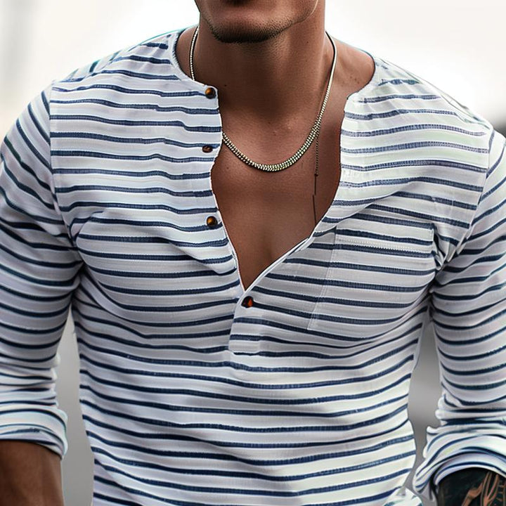 Gestreept Heren T-shirt met Lange Mouwen en Henley Kraag - Ademend Katoenmix Casual Shirt