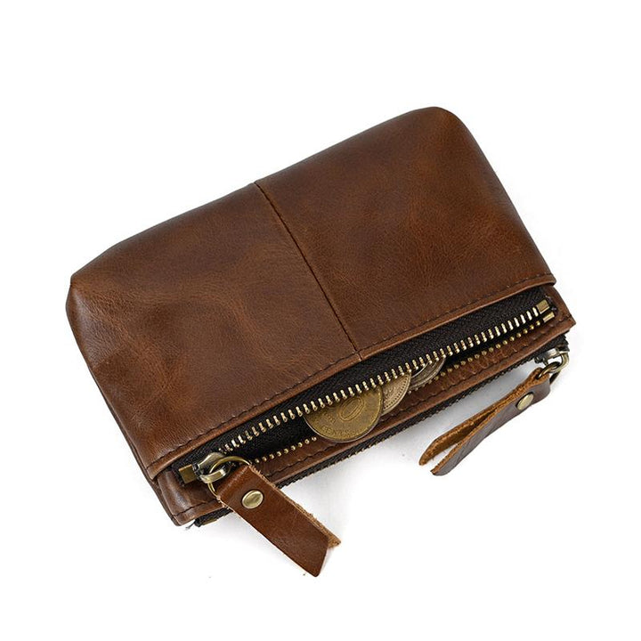Handgemaakte leren mini tas voor mannen met drievoudige rits en retro uitstraling 3