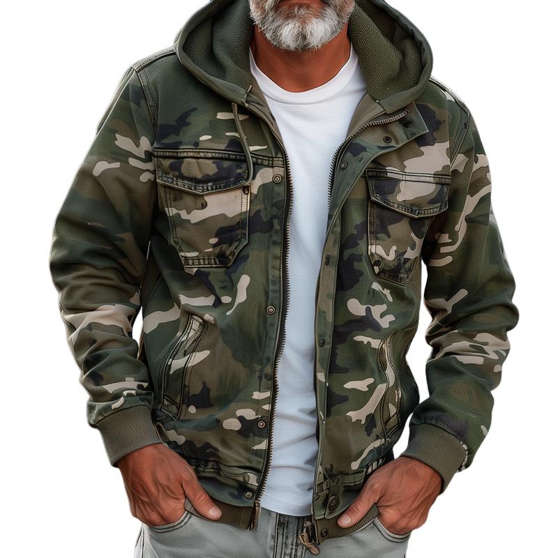 Heren Camouflage Hoodie Met Meerdere Zakken En Volledige Rits – Comfortabele Pasvorm Voor Buitenactiviteiten 1