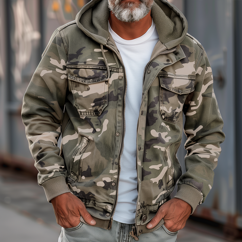 Heren Camouflage Hoodie Met Meerdere Zakken En Volledige Rits – Comfortabele Pasvorm Voor Buitenactiviteiten 2