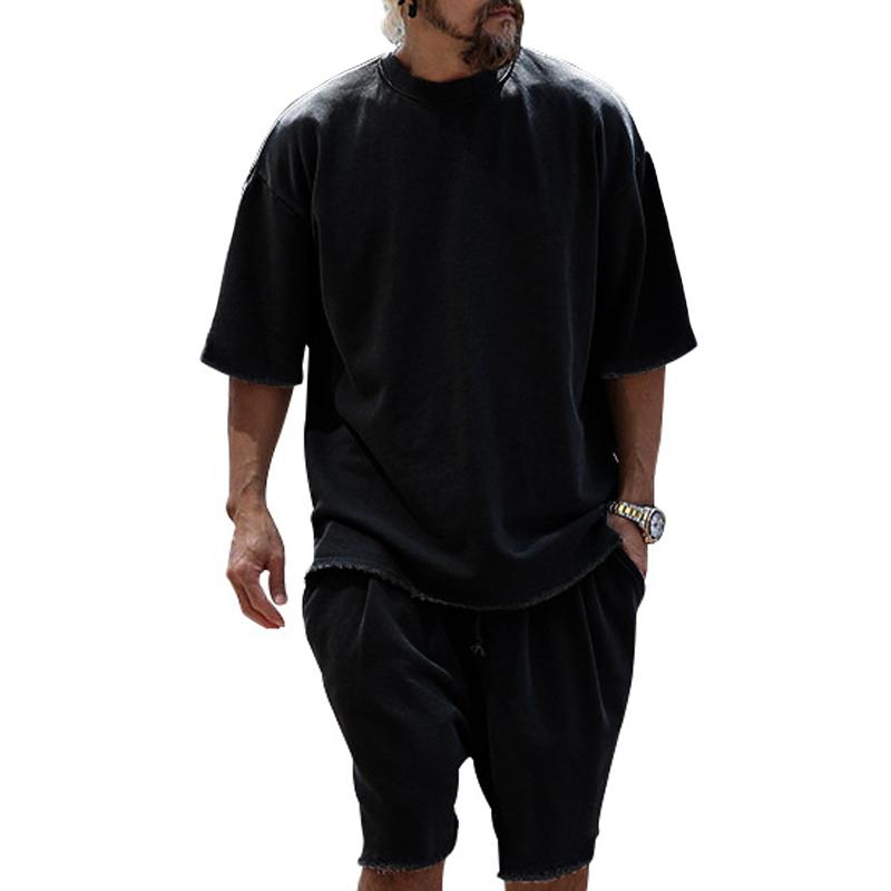 Heren Casual Loose Fit T-shirt en Korte Broek Set – Ademend Katoenmix met Ronde Hals en Korte Mouwen