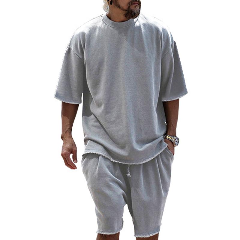 Heren Casual Loose Fit T-shirt en Korte Broek Set – Ademend Katoenmix met Ronde Hals en Korte Mouwen