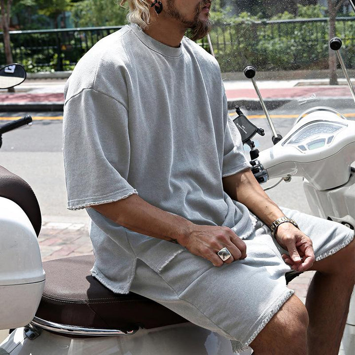 Heren Casual Loose Fit T-shirt en Korte Broek Set – Ademend Katoenmix met Ronde Hals en Korte Mouwen