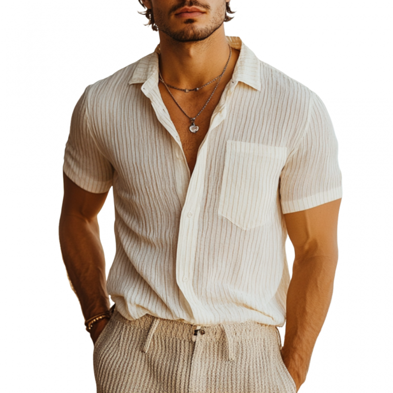 Heren Linnen Gestreept Overhemd Slim Fit Korte Mouwen Ademend Casual 0