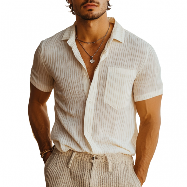 Heren Linnen Gestreept Overhemd Slim Fit Korte Mouwen Ademend Casual 0