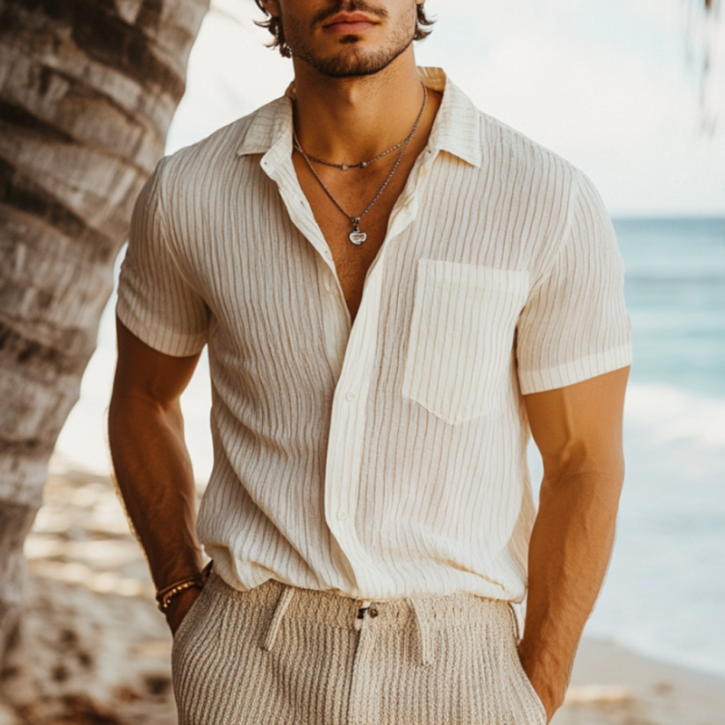 Heren Linnen Gestreept Overhemd Slim Fit Korte Mouwen Ademend Casual 1