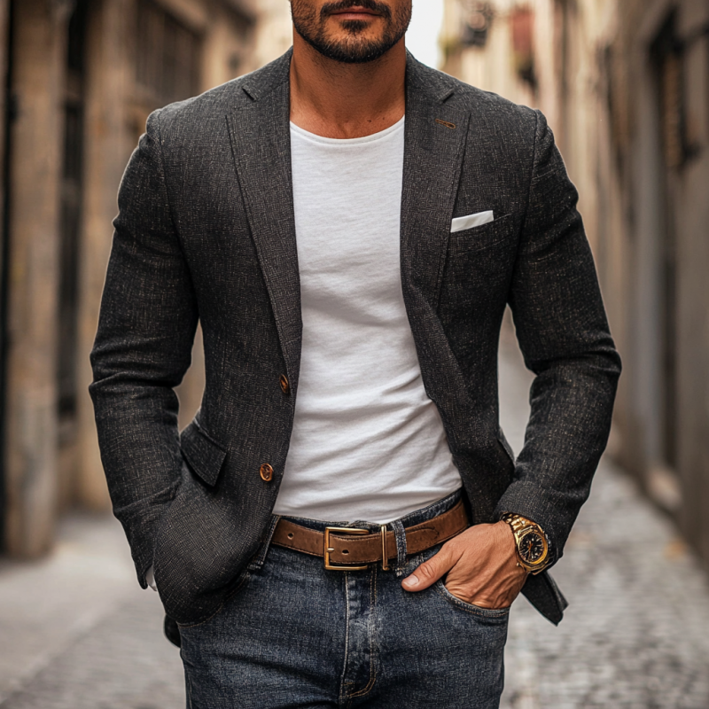 Heren Linnen Slim-Fit Blazer met Notch Lapel voor Warm Weer en Functionele Zakken 1