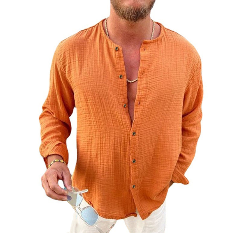 Heren Longsleeve Shirt van Katoen en Linnen met Verstelbare Manchetten, Effen Kleur 1