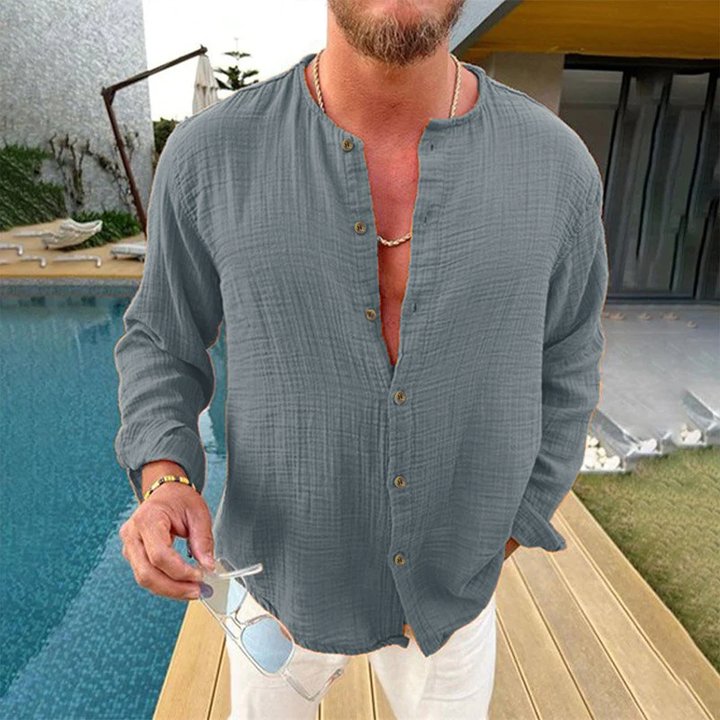 Heren Longsleeve Shirt van Katoen en Linnen met Verstelbare Manchetten, Effen Kleur 2