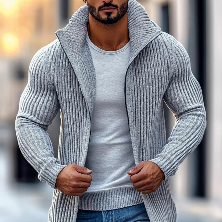 Heren Mid-lange Gebreide Cardigan met Staande Kraag en Strepen in Regular Fit met Lange Mouwen 6