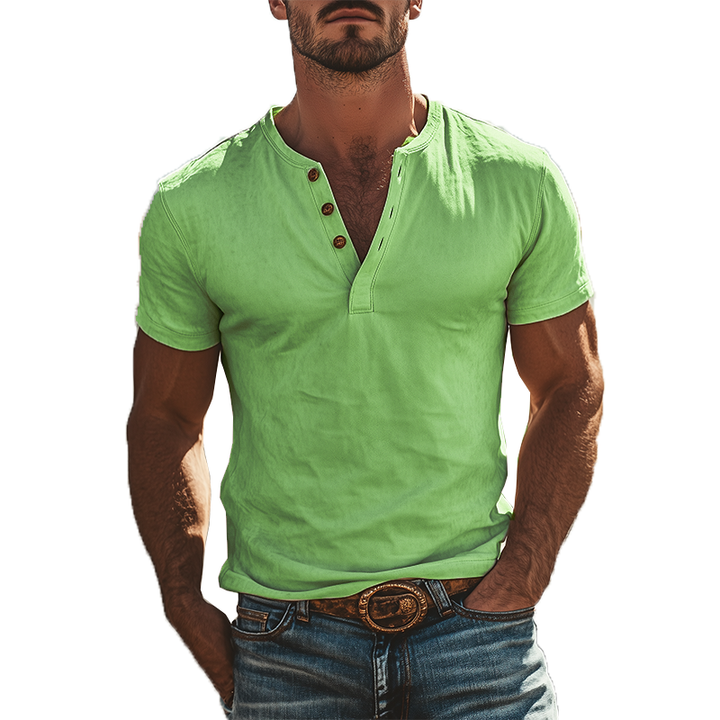 Heren T-Shirt Suède Korte Mouwen Vintage Henley Kraag Relaxed Fit 10