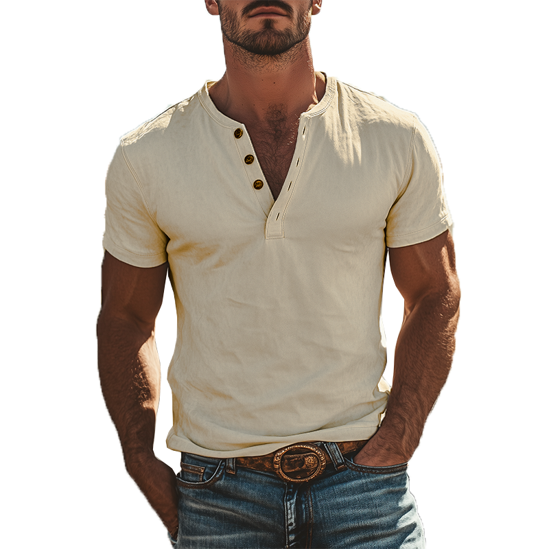 Heren T-Shirt Suède Korte Mouwen Vintage Henley Kraag Relaxed Fit 2