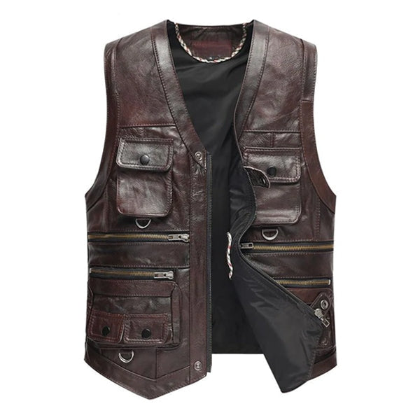 Heren Vest van Zacht Koeienleer met V-Hals en Meerdere Zakken - Retro Country Style