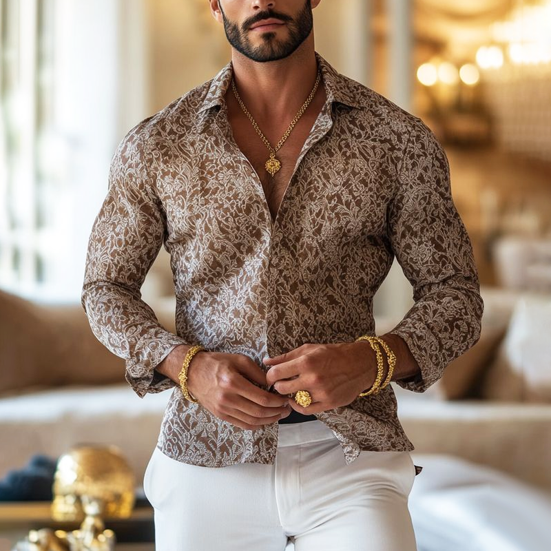 Heren Vintage Print Overhemd van Katoen met Lange Mouwen en Lapel 0