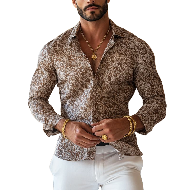 Heren Vintage Print Overhemd van Katoen met Lange Mouwen en Lapel 1