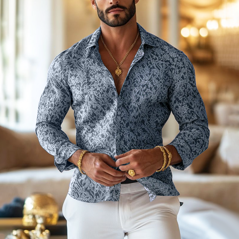 Heren Vintage Print Overhemd van Katoen met Lange Mouwen en Lapel 2