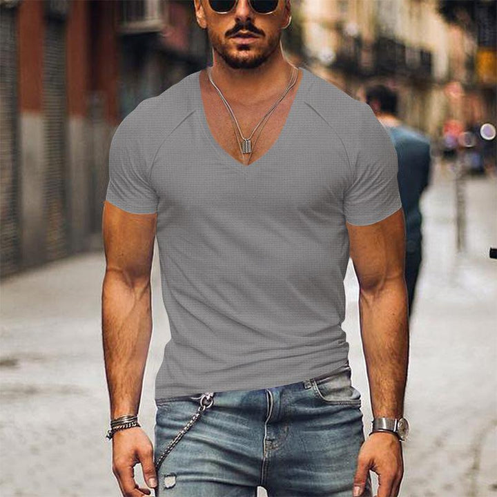 Heren Waffle V-hals T-shirt van Ademend Katoen met Korte Mouwen in Diverse Kleuren 3