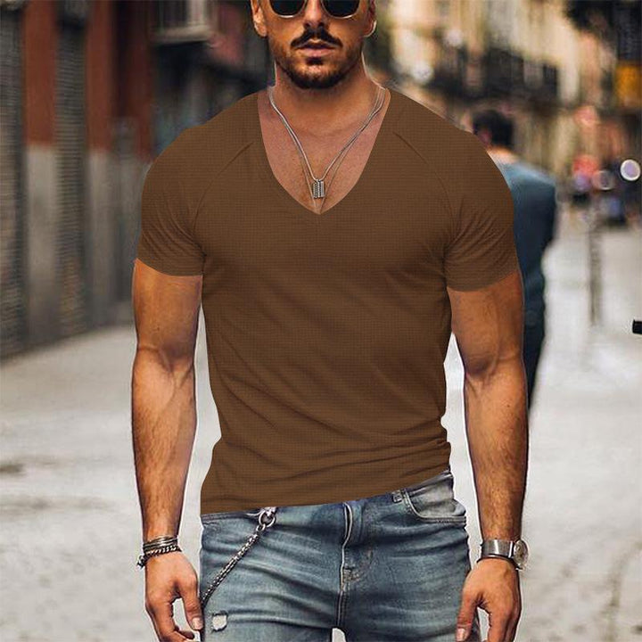 Heren Waffle V-hals T-shirt van Ademend Katoen met Korte Mouwen in Diverse Kleuren 5