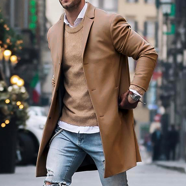 Heren Winterjas met Notch Lapel en Enkele Knopen - Fitted Casual Mid-Length Jas van 100% Polyester