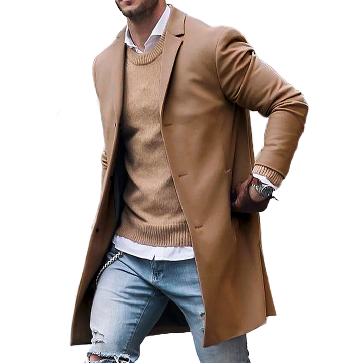 Heren Winterjas met Notch Lapel en Enkele Knopen - Fitted Casual Mid-Length Jas van 100% Polyester