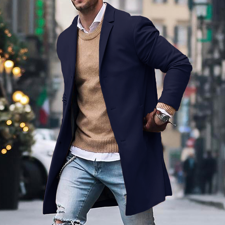 Heren Winterjas met Notch Lapel en Enkele Knopen - Fitted Casual Mid-Length Jas van 100% Polyester