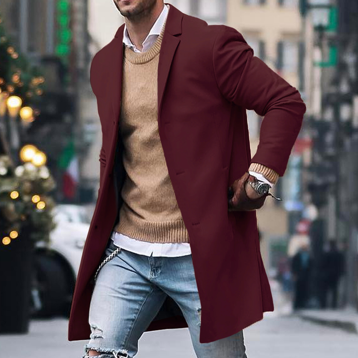 Heren Winterjas met Notch Lapel en Enkele Knopen - Fitted Casual Mid-Length Jas van 100% Polyester