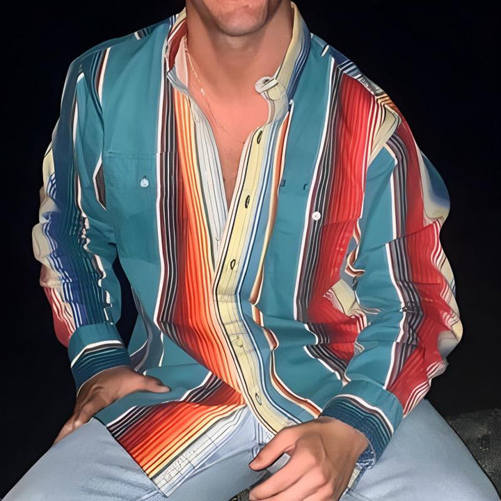 Retro Kleurblok Gestreepte Lange Mouwen Overhemd Heren – Losse Pasvorm Katoenmix Casual Overhemden 3