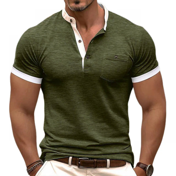 Slim Fit Korte Mouw T-Shirt Heren met Henley Kraag en Patch Pocket - Kleurblok Design van 100% Katoen