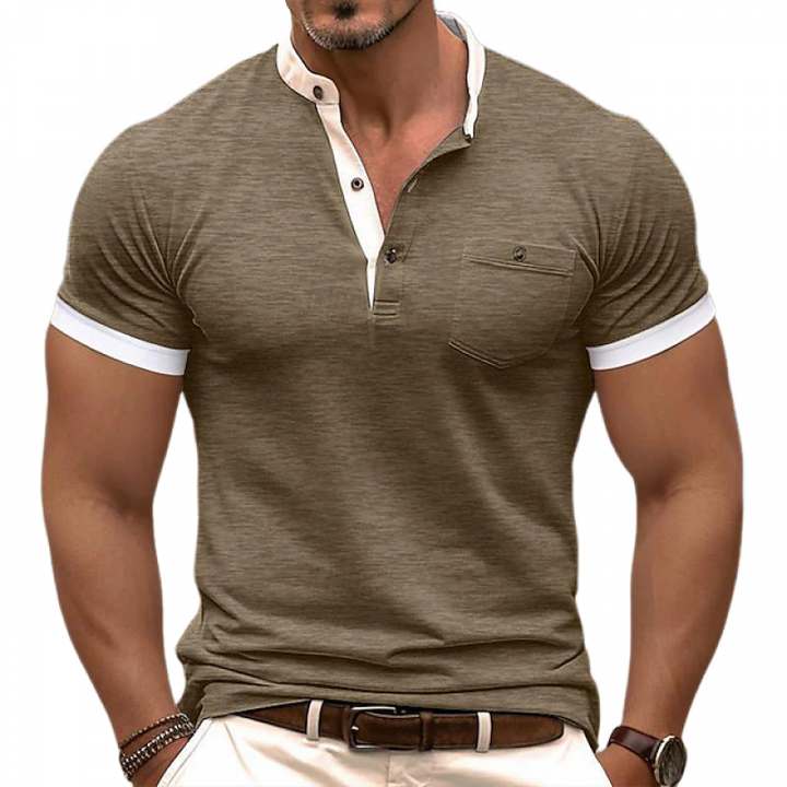 Slim Fit Korte Mouw T-Shirt Heren met Henley Kraag en Patch Pocket - Kleurblok Design van 100% Katoen