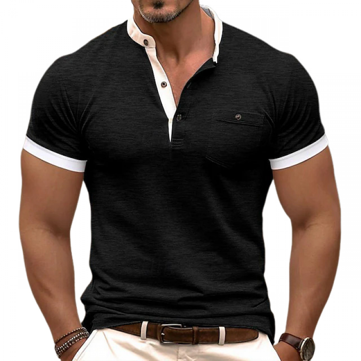 Slim Fit Korte Mouw T-Shirt Heren met Henley Kraag en Patch Pocket - Kleurblok Design van 100% Katoen
