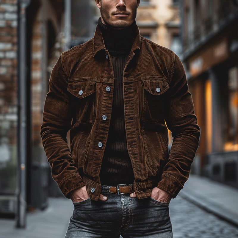 Vintage Corduroy Werkjas Heren met Revers en Meerdere Zakken - Relaxed Fit voor Werk en Casual Gebruik 1