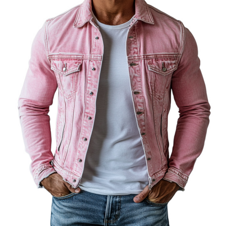 Vintage Gewassen Denim Jack voor Heren met Revers, Regular Fit en Lange Mouwen 0