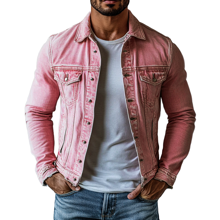 Vintage Gewassen Denim Jack voor Heren met Revers, Regular Fit en Lange Mouwen 1
